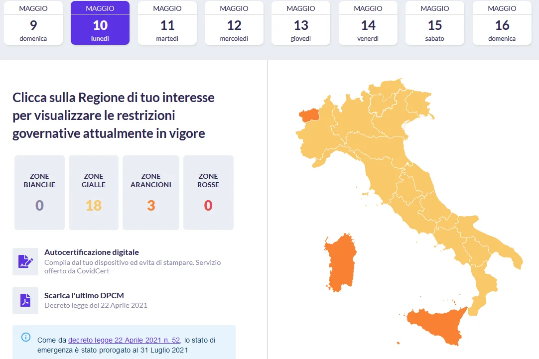 Mappa Covid: Colori Regioni da lunedì 10 maggio