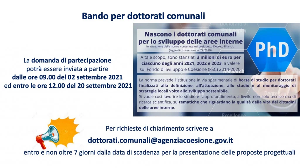 Bando Dottorati comunali nei Comuni delle aree interne